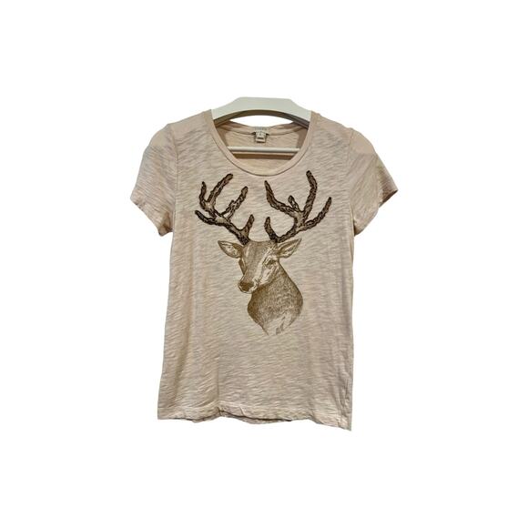 J.Crew Dazzling deer art tee  Small  Beige Embroidered Beaded Christmas Holiday - Picture 2 of 6